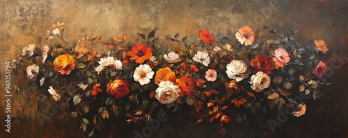 moody oil painting with textured brown backdrop, autumn flowers in muted oranges, pinks, and whites, green leaves and stems, dull muted colors