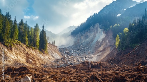 Massive landslide with collapsing mountainside crushing trees and rocks tumbling down dramatic natural disaster scene