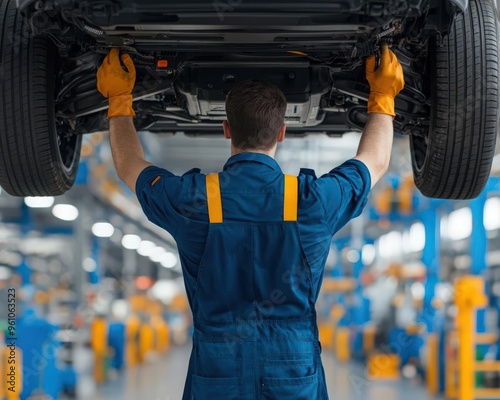 Technician lifting a car on a hydraulic lift to inspect the undercarriage