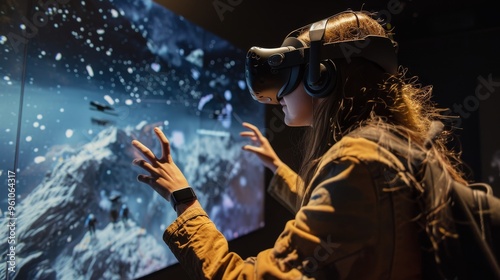 A young woman using a VR headset reaches out towards a space-themed display, with hands extended as if interacting with the environment. The exhibit