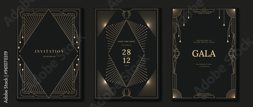 Luxury invitation card vector. Elegant classic antique design, gold lines gradient, frame on dark background. 