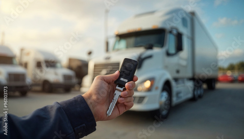 Hand clutches a truck key, set against a large vehicle dealership background. Buying a truck