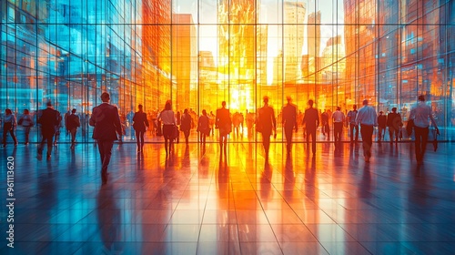 A dynamic long exposure shot of business people in a bright office lobby, symbolizing movement and energy in corporate settings. Ideal for business presentations and marketing materials.