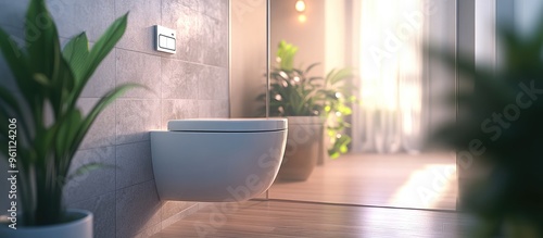 Smart bidet remote control panel mounted on the wall beside a toilet in a bathroom featuring a shallow depth of field for an elegant presentation