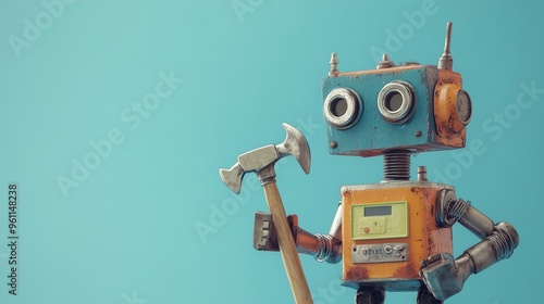 404 error page not found. Serviceman robot with hammer and pliers on blue background. Text message Something went wrong but we are working on it.