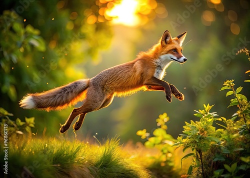 A swift, rusty-red fox leaps into the air, its bushy tail streaming behind, amidst a backdrop of lush greenery and warm golden light.