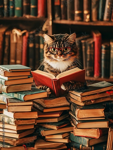 A whimsical feline in spectacles peruses a book amidst a vibrant collection of novels in a charming old library.