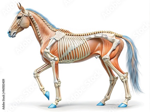 Detailed illustration of a horse's leg bone anatomy, showcasing the skeletal structure of the foreleg, including the humerus, radius, and ulna, with labeled bones and ligaments.