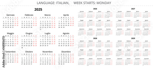 2025, 2026, 2027, 2028, 2029 year italian calendars. Printable vector illustration for Italy.