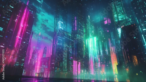 A mesmerizing holographic projection showcasing a futuristic cityscape complete with towering skyscrapers glowing neon lights and a dynamic high tech atmosphere