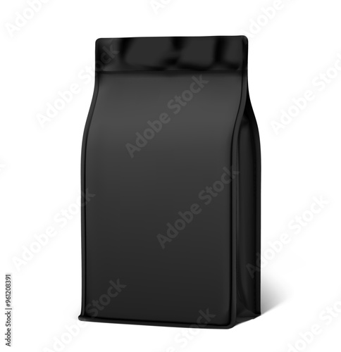 Vertical black bag mockup. Flat bottom gusset bag. Half side view. High realistic. Vector illustration isolated on white background. Ready for use in presentation, promo, advertising and more. EPS10.