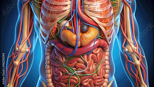 Intricate Illustration Of The Human Stomach, Displaying Its Anatomical Structures, Layers, And Blood Supply In Vivid Detail.