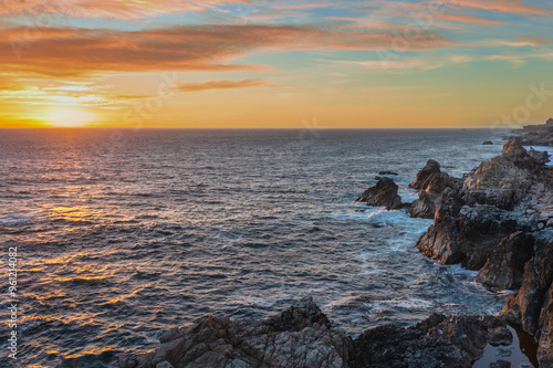 Beautiful landscape of Pacific Ocean coast along Highway 1 and Big Sur, aerial view, sunset, sunrise, fog. Concept, travel, vacation, weekend