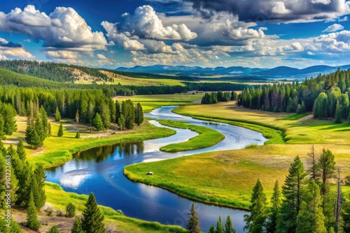 Panoramic View Of The Madison River'S Meandering Course Through The Vibrant, Verdant Landscape Of Yellowstone National Park