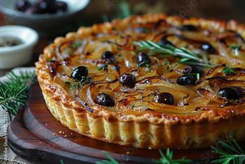 Pissaladiere A savory Pissaladiere tart with caramelized onions, anchovies, and olives on a thin, crispy crust