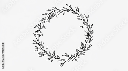 A wreath made of leaves is drawn in black and white