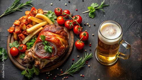 Aerial view of still life with empty beer glass, pork knuckle, sauerkraut, french fries, herbs, and cherry tomatoes on dark background