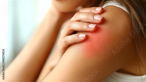 A person touching a red, irritated area on their shoulder.