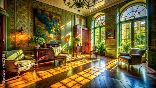 Dappled sunlight streams through the window, creating a striking interplay of light and shadow on the walls, furniture, and floor, with vivid colors and precise details.