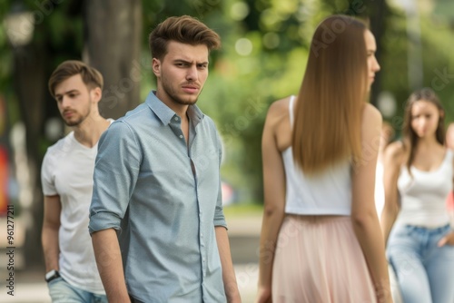 A disloyal man walking with his girlfriend, captivated by a seductive stranger in a vibrant urban park during a sunny afternoon