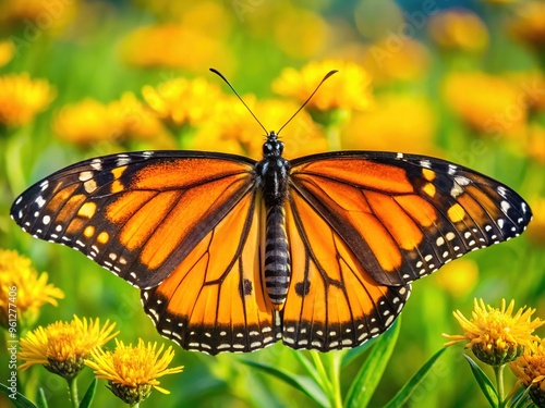 Vibrant orange and black monarch butterfly with delicate wings spread wide, perched on a bright yellow flower in a lush green meadow landscape.