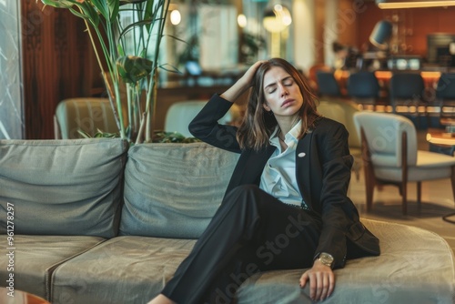 Elegant woman impatiently waiting in a hotel lobby, showcasing boredom while seated on a plush couch