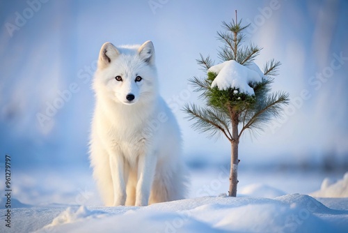 Arctic fox in winter coat with tree