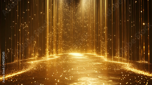 A shimmering golden pathway illuminated by soft light and particles.