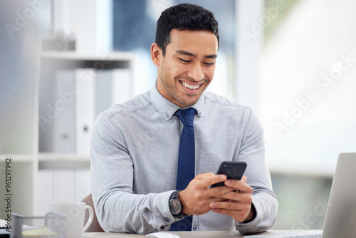 Businessman, phone and news notification in office, typing email and trader to check stock exchange. Male person, professional accountant and online for economy update, networking success and finance