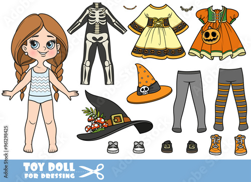 Cartoon braided girl and Halloween witch costume and skeleton suit. Bonus handbag that matches the dresses