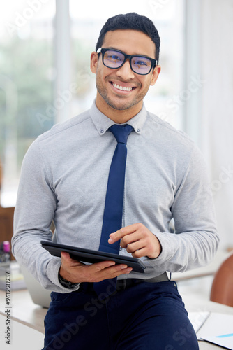 Business man, happy and tablet in office for networking, research and client communication with email. Corporate consultant, portrait and tech for finance, asset management and investment portfolio