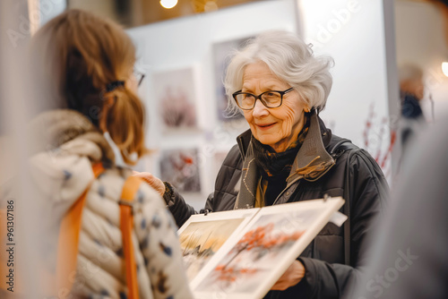 Elegant senior woman discussing her artwork with a potential buyer at an art exhibition, showcasing her talent and passion for painting