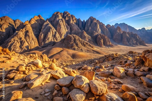 Barren landscape of Sinai Mountains with stones, seen from a worm's eye view