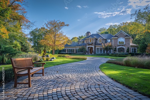 Suburban neighborhood with luxury homes, low angle view of stone driveway and bench, bright blue sky, green grass, ultra-detailed Canon EOS 50mm lens f/2.8.