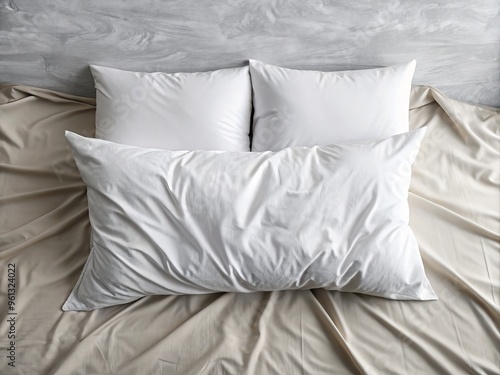 A modern white lumbar pillow brings sophistication to this bed, paired with rumpled sheets and a few pillows