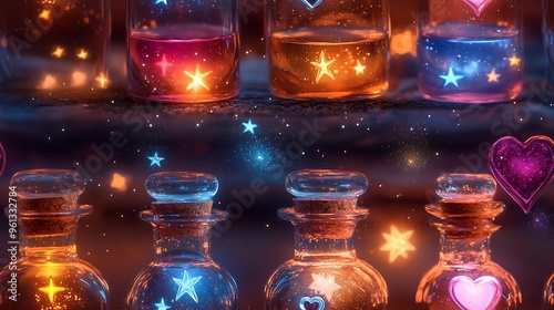 Adorable potion bottles with heart and star designs, glowing softly with pastel liquids, surrounded by magical sparkles and floating stars, playful and enchanting, hd quality, natural look.