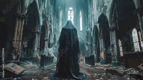 Cloaked figure standing in the ruins of an abandoned cathedral