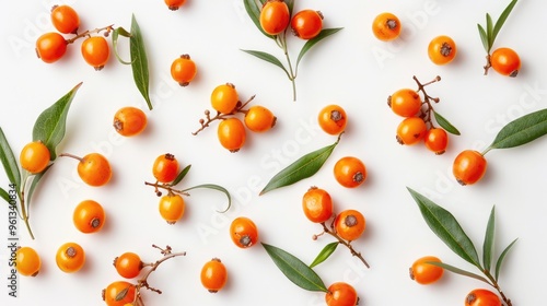 Sea buckthorn berries and leaves on white background.