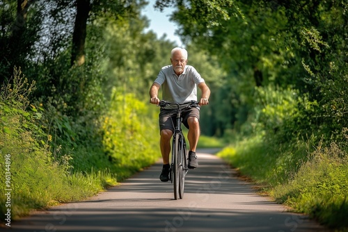 An elderly man riding a bicycle, enjoying outdoor exercise and an active lifestyle, promoting mobility and health