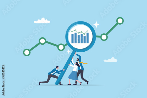 Data analysis, optimization or marketing analytics for statistics improvement, growth or KPI measurement result, chart or diagram concept, business people hold magnifying glass analyzing data chart.