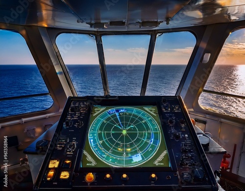 Advanced maritime navigation radar screen glowing in a dimly lit ship's bridge