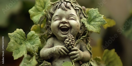 A laughing garden gnome holding grapes.