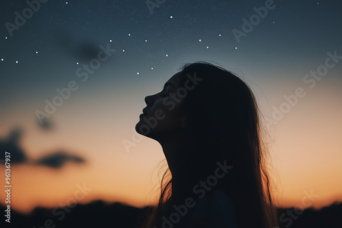 Silhouette of woman gazing at stars, peaceful night sky with dreamy atmosphere, stargazing under twilight, calm and serene scene, celestial beauty, inspirational view, starry night