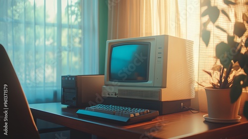 Nostalgic 1996 Computer Desk with Warm Sunlight