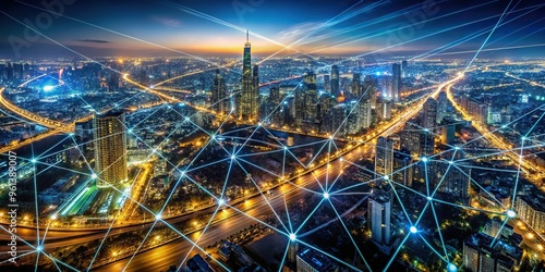 A bird's-eye view of a sprawling metropolis at night, with a kaleidoscope of twinkling city lights and a complex network of power lines and cables crisscrossing the urban landscape.