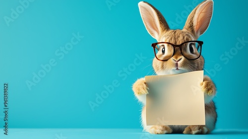 A cute rabbit wearing glasses holds a blank sign against a vibrant blue background, adding a playful touch to any design.