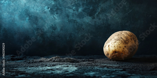 Solitary potato on dark rustic surface in atmospheric lighting