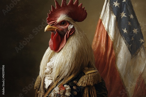 A proud rooster dressed in the uniform of a general, including medals and epaulettes, stands in front of a flag, presenting a historical and dignified portrait.