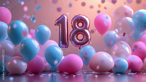 Balloon in shape of number 18 on pastel colored birthday background