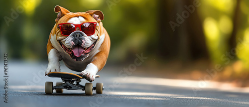 Bulldog wearing red sunglasses, riding a skateboard confidently